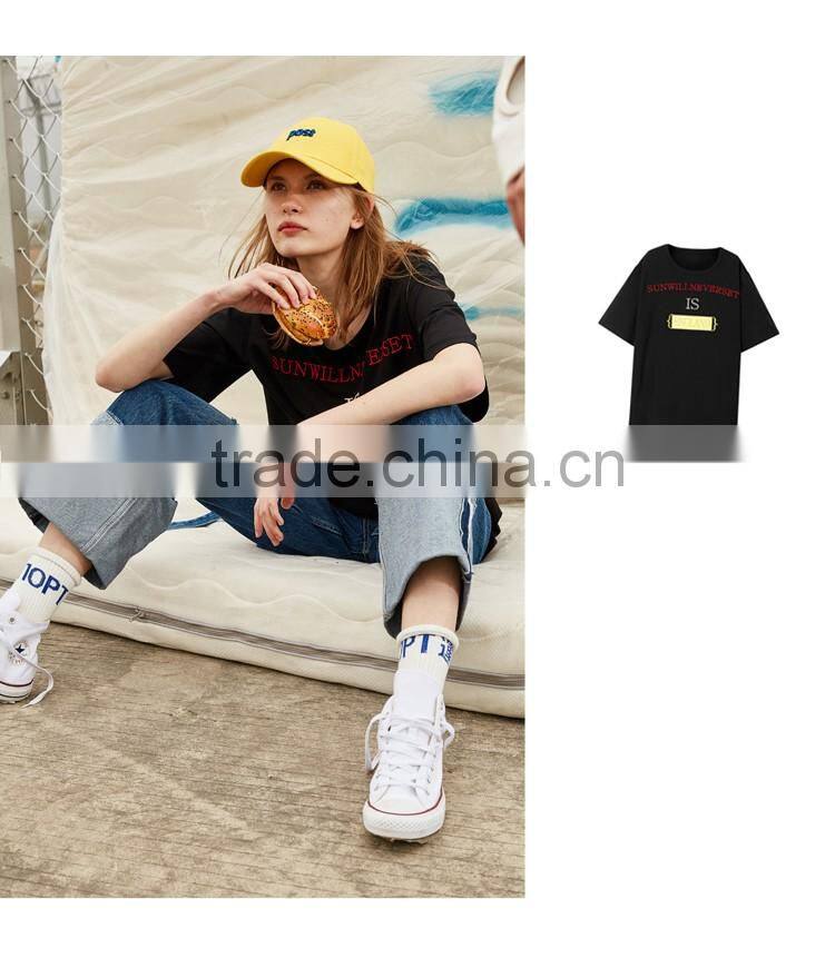 2017 new design 100% cotton short sleeve women ocersized casual t shirt with embroidery designs ladies tops