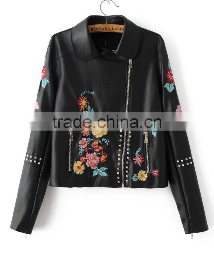 Runwaylover EY1015C wholesale embroidery woman biker jacket women leather jacket and coat