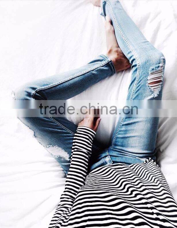 Runwaylover custom newest fashion stretch blue holes denim jeans women negotiate price