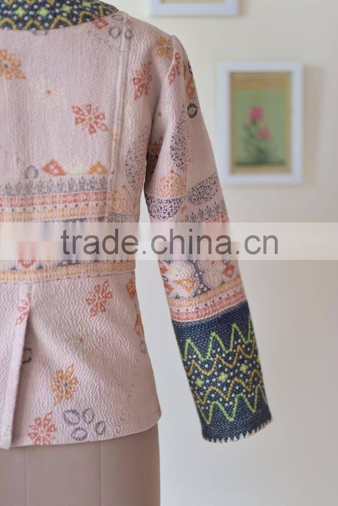 Handmade Boho Jacket with Embroidery, Made of Kantha Fabric ~ Large