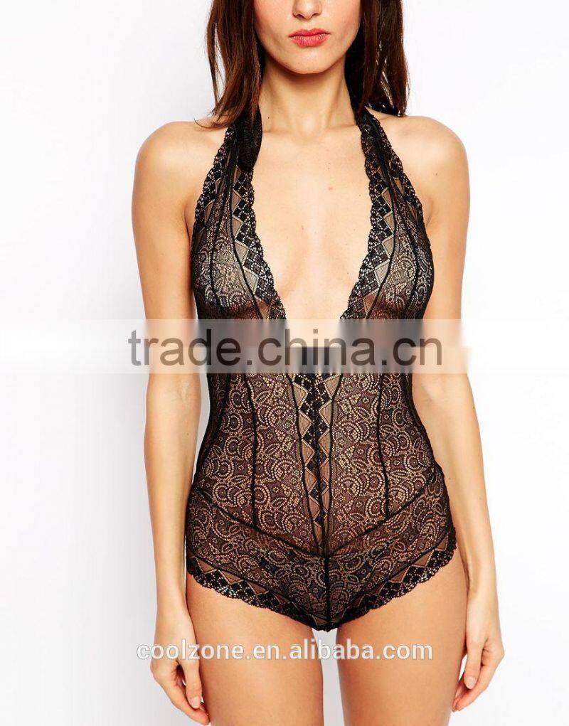 Plunge V-neck open back bodysuit women lace bodysuit wholesale