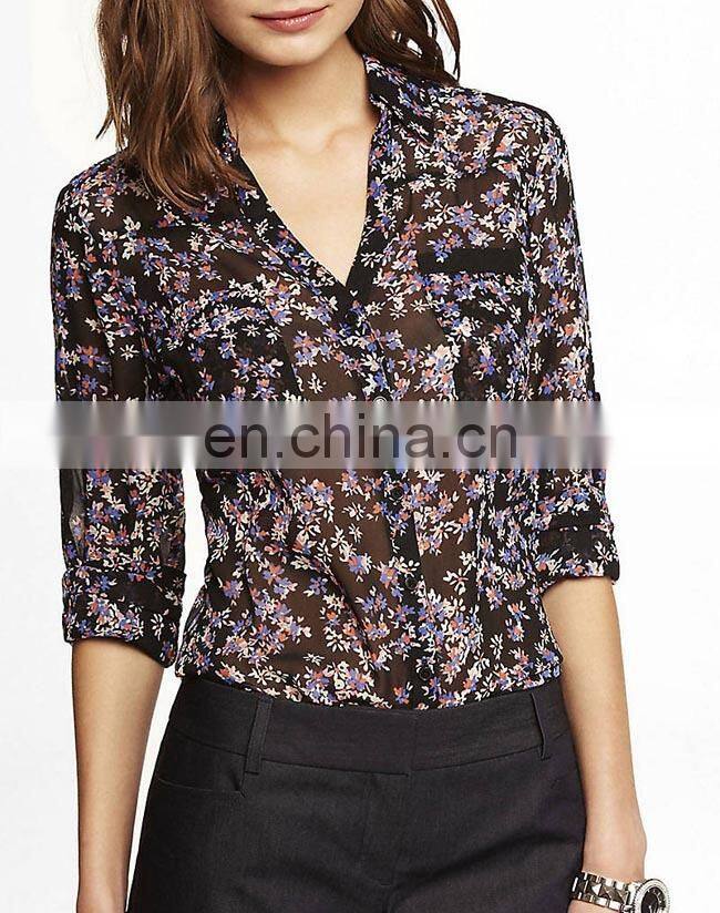 CHEFON Sexy sheer floral print 2016 black long sleeve chiffon blouse
