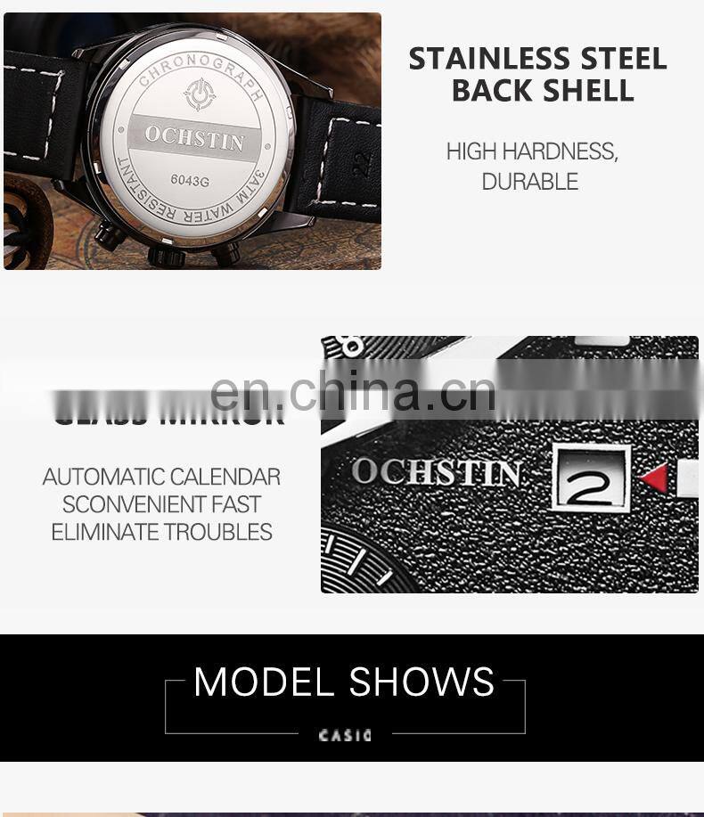 Ochstin GQ043B Sports Mens Quartz Watch Chrono Waterproof Luxury Leather Wrist Watches for Men