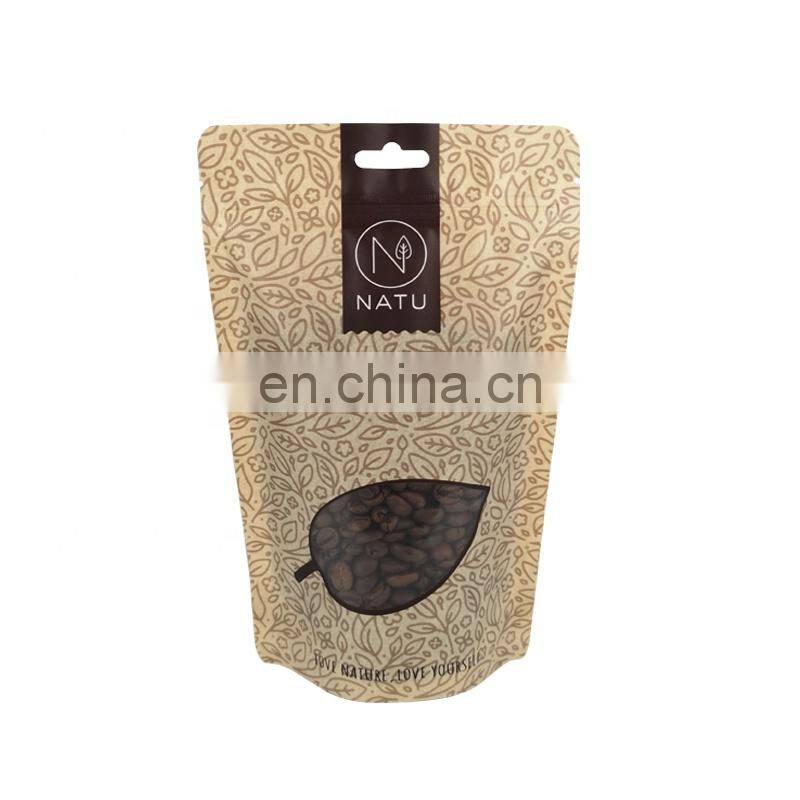 Recyclable food packaging stand up pouch laminated heat seal kraft paper bag smell proof zipper doypack with transparent window