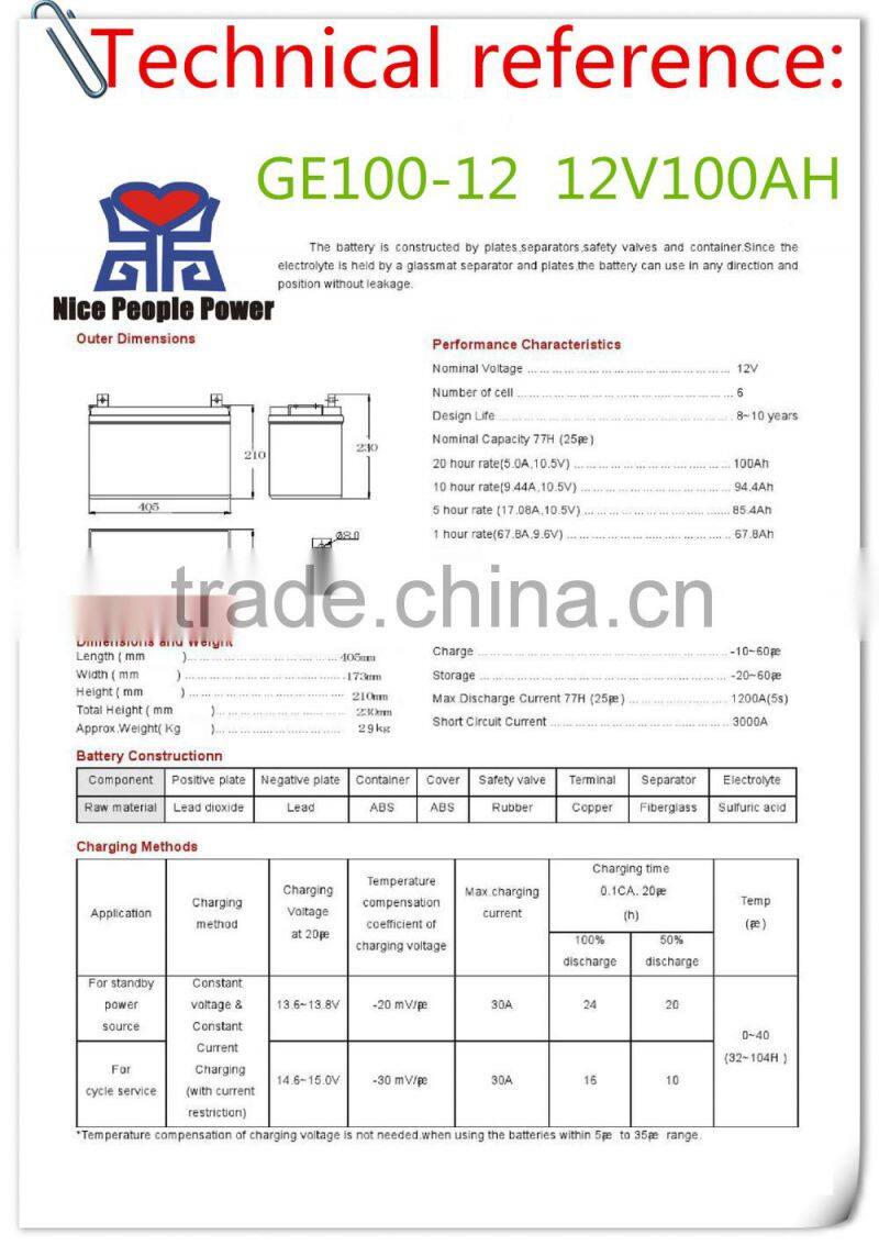 12v100ah deep cycle gel battery for solar led light