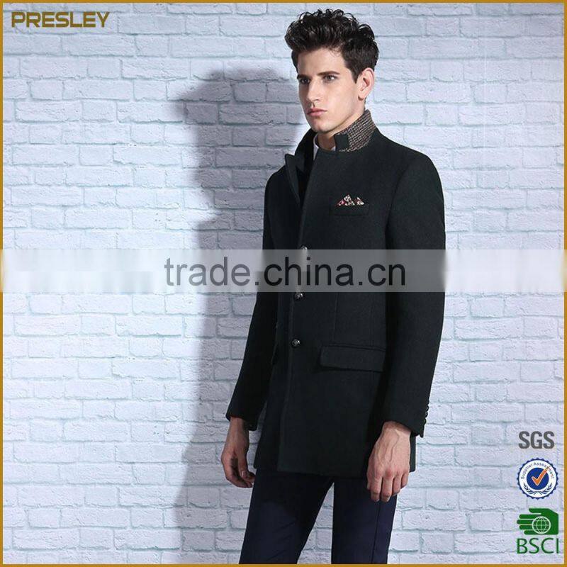 Stand collar casual style long woolen jacket coat with fleece lining for man