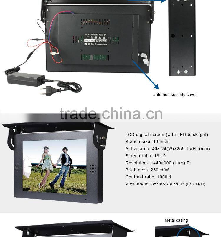 High quality optional 19 inch LCD AD player, train USB LCD video player, 12v24v auto loop display lcd advertising monitor