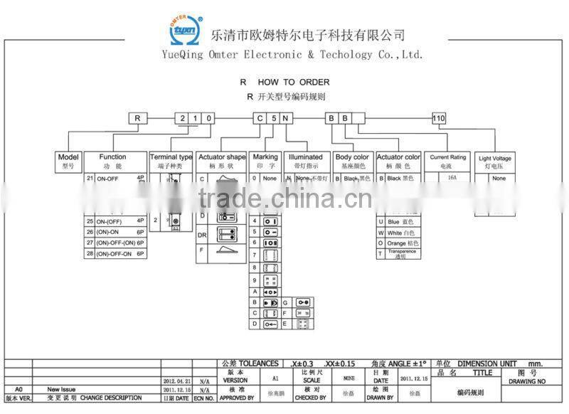 R-210-C5L-BY 16a rocker switch