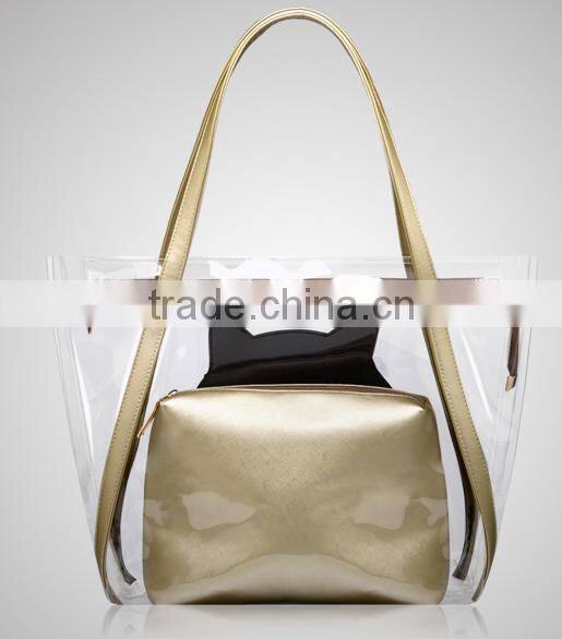 Clear PVC large capacity Tote Bag With glod Webbing Handle Bag,bag in bag