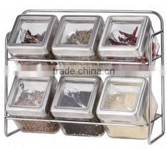 SINOGLASS 7 pcs square body glass SPICE jar rack SET
