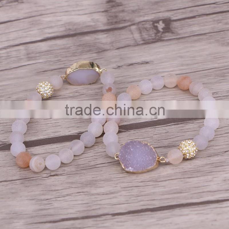Gold Plated Natural Agate Quartz Stone Druzy Bracelet, with 8mm Frosted Agate Beaded Jewelry Bracelets