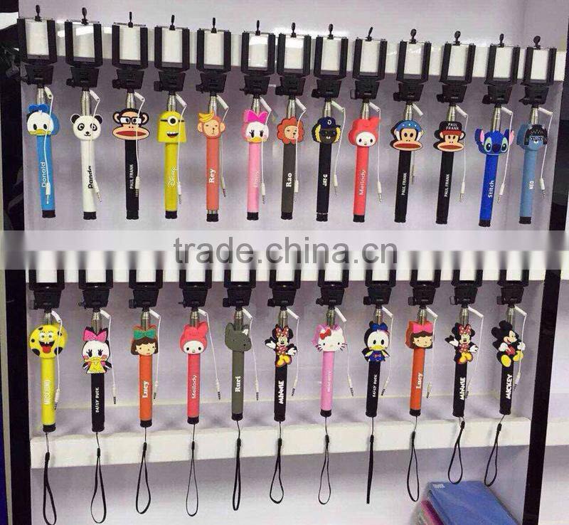 Fashionable foldable aluminum alloy cartoon selfie stick with cable