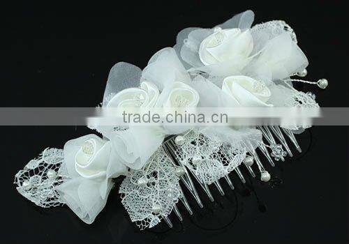 Bridal Handmade White Rose Satin Crystal Hair Comb CT1391