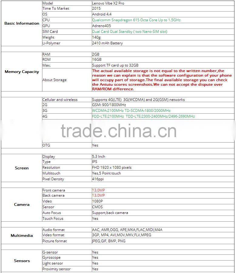 Original 5.3" Lenovo Vibe X2 Pro 4G Cell phone Snapdragon 615 OctaCores 1.5GHz Android 4.4 1920x1080 2GB+16GB 13.0MP Camera