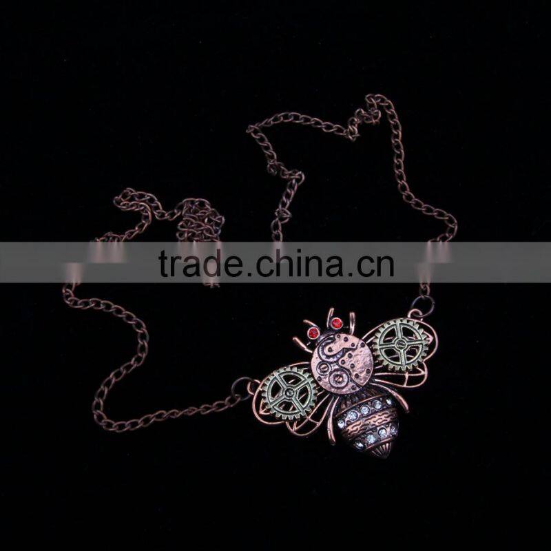2015 yiwu fashion jewelry hot sale steampunk bee gear pendant with crystal statement necklace red copper