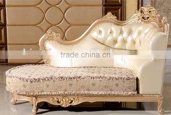 Luxury European style solid wood golden carving genuine leather back matching fabric seat living room corner sofa set