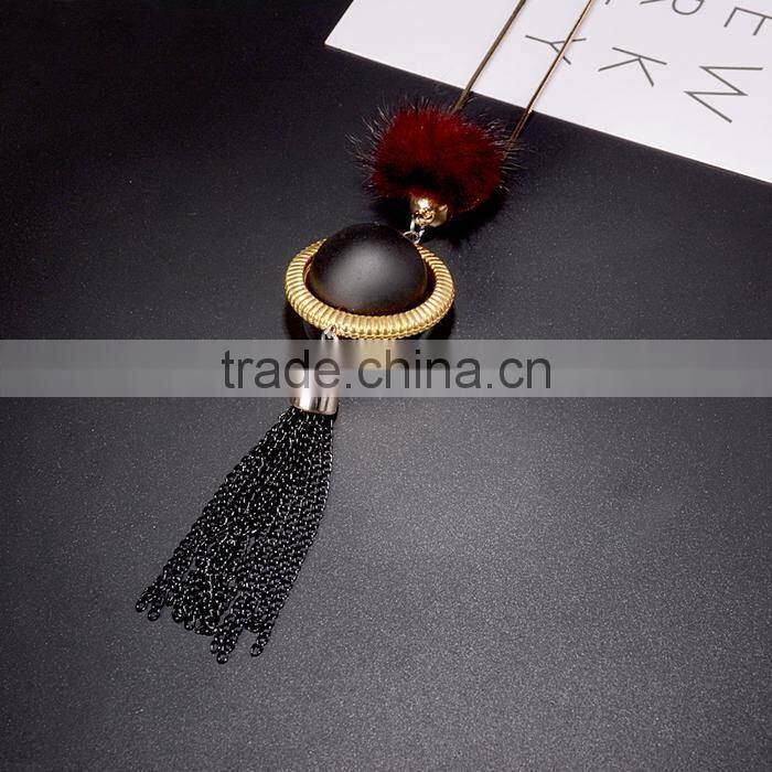 red bead gold hoop pendant long chain necklace black chain tassel necklace pompon necklace