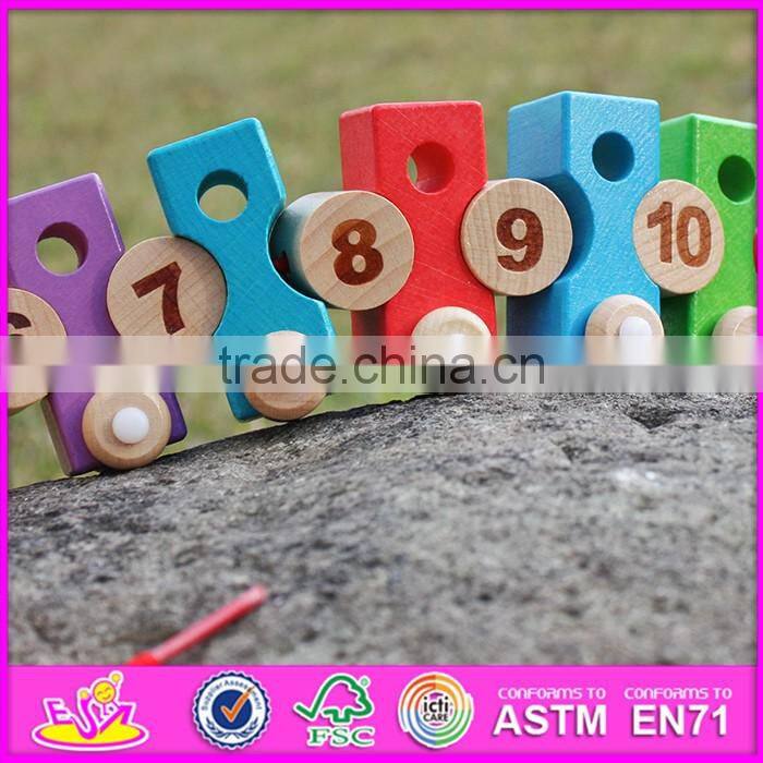 2016 new design educational number and blocks wooden pull toy car W05C079