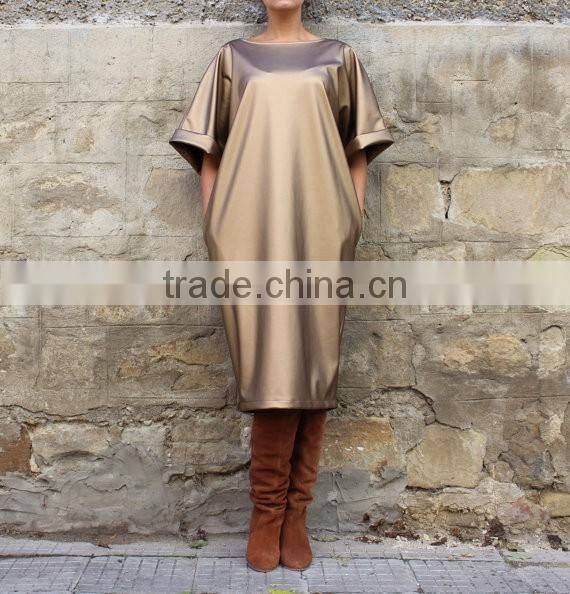 2017 Gold Metallic Fabric Evening Cocktail Dress For Fat Women Plus Size Leather Dress HSD5978