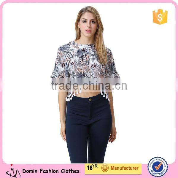 New print leaf print fashion crop tops with tassels hem for women