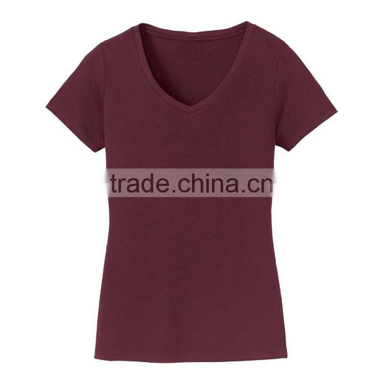 Fancy design plain color wholesale blank fitted v-neck lady t-shirt