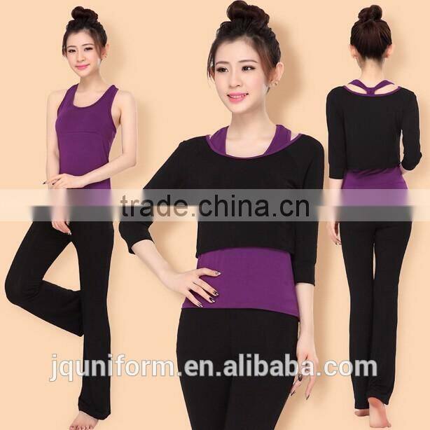 Customize Factorty Price Chantilly 3 Pieces Black and Purple Fashion Design Yoga Clothes for Women
