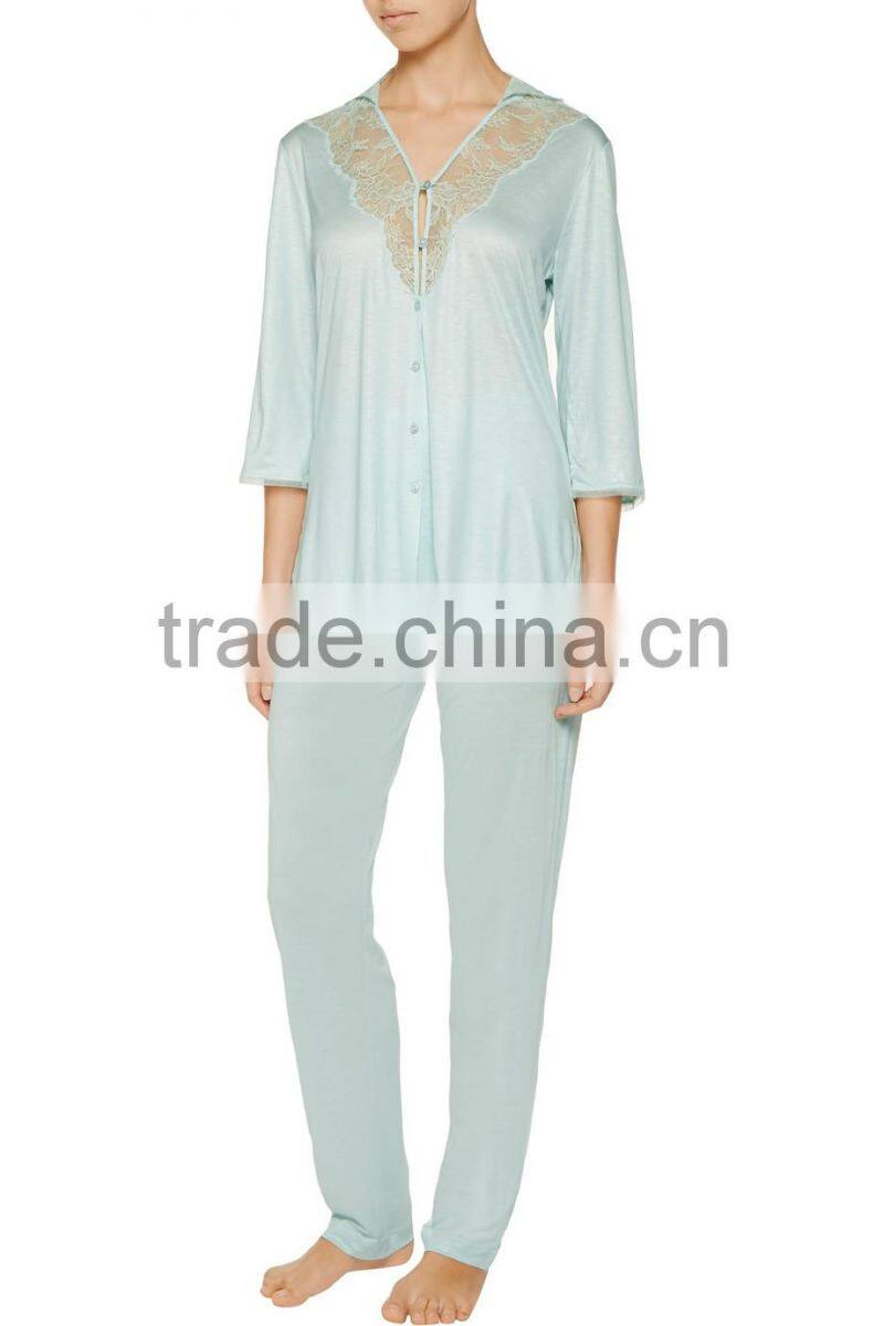 Wholesale Best Selling Women's Sleepwear Lace-Trimmed Stretch Jersey Pajamas Set