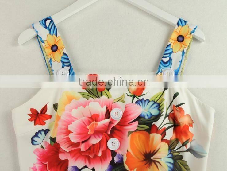Ladies bright-coloured button-up peony printing princess straps dress with zipper back