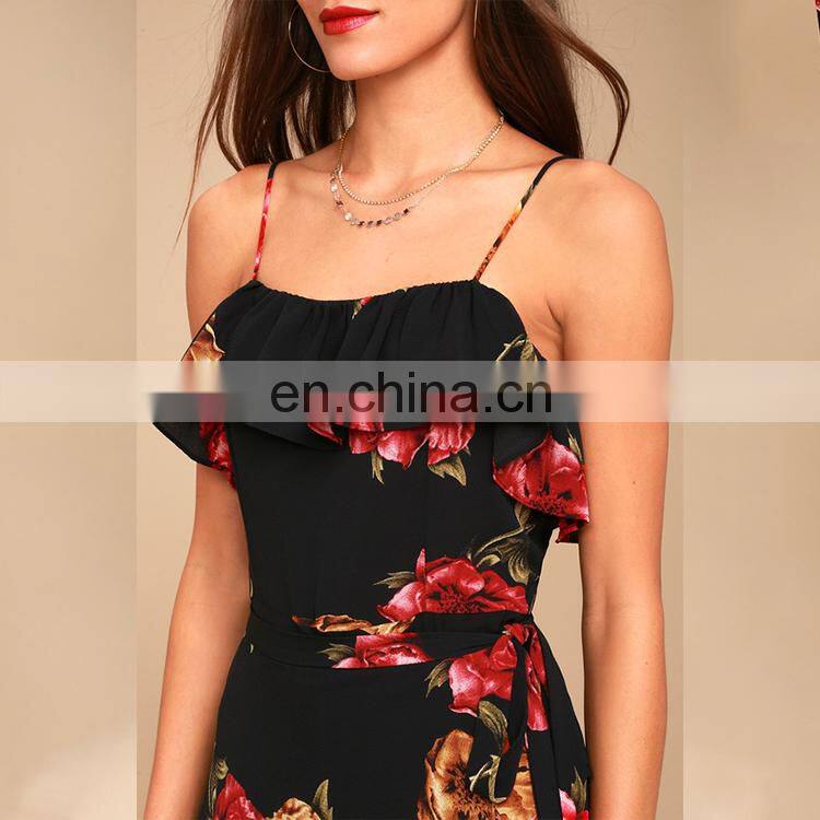 women casual one piece shoulder-straps wrap dress black long floral print dress