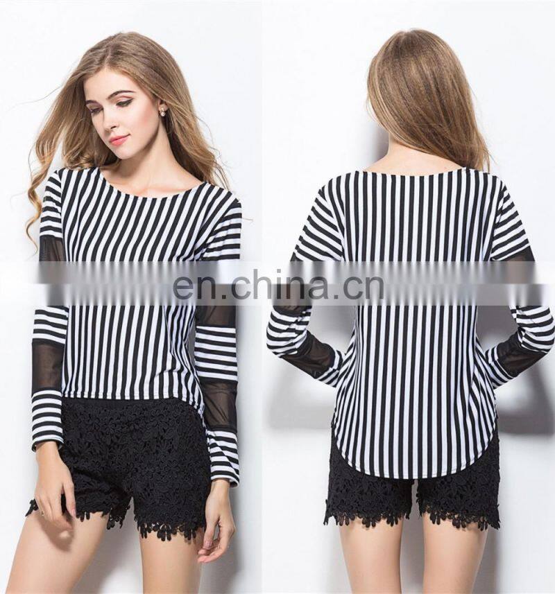 2017 latest fashion women's tee shirt Korean slim vertical stripes stitching female blouse shirt with mesh long sleeve