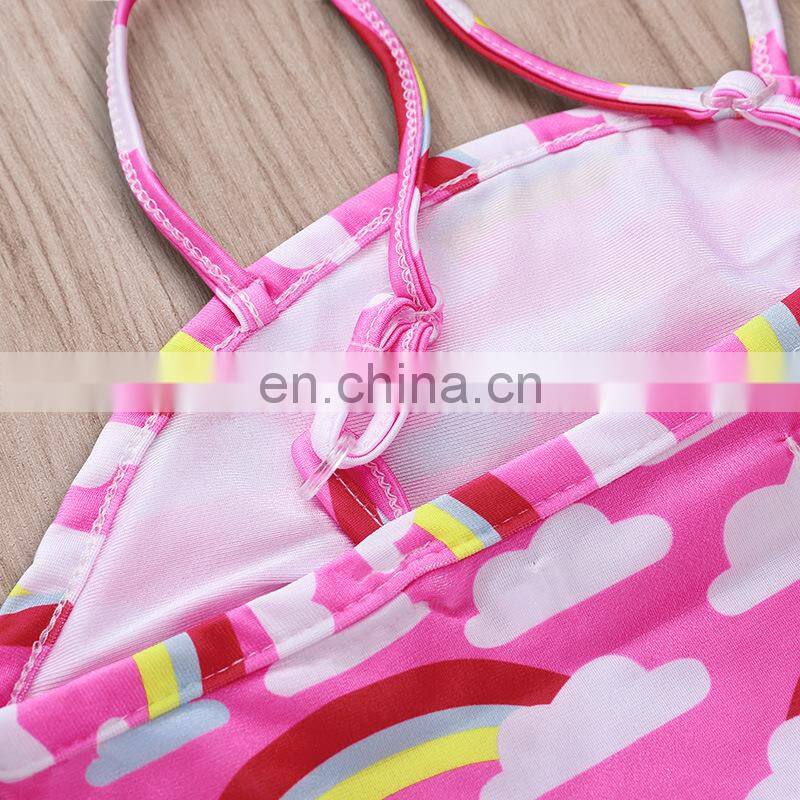 2019 summer new pink rainbow print kids cloud ruffle swimwear off-shoulder one piece baby girl swimsuit