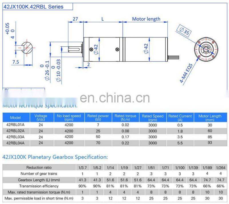 42JXE100K.42RBL 42mm Brushless Planet Gearhead Dc Motor, option for brakes