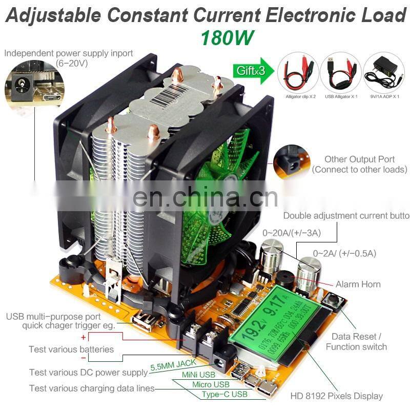 12V 24V 48V Lead-acid Lithium 180W Constant Current Electronic Load 200V 20A Battery Tester Discharge Capacity Tester