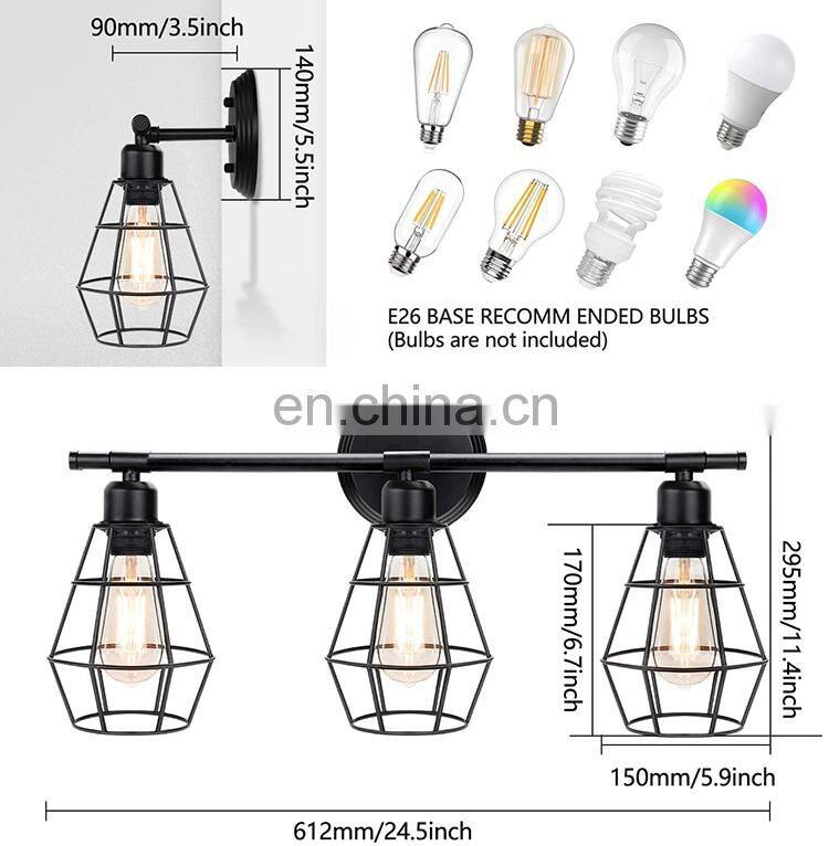 Amazon Hot Selling American Style Retro Wrought Iron Industrial Wall Lamp Creative Restaurant Cafe 3 Head LED Wall Lights