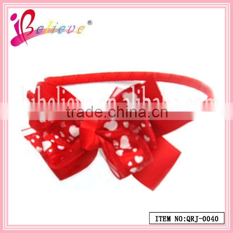 Valentine's day best gifts for girls factory wholesale pink color ribbon large bow headband with heart (QRJ-0042)