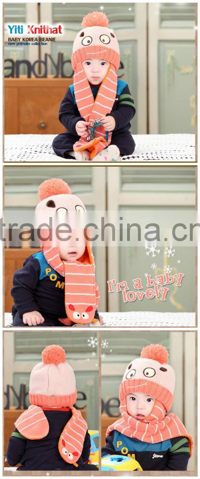 2015 Winter Newest Cute Eyes Embroidery Acrylic Stripe Knit Siamesed Two Piece Set Baby Hat and Scarf