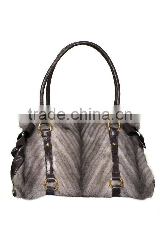 BG13004 red knitted mink fur bag combined with genuine leather