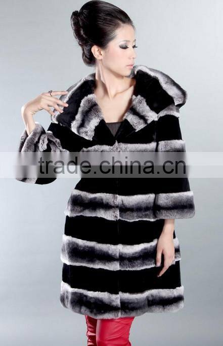 rex14076 new design fashionable chinchilla rex rabbit fur coat