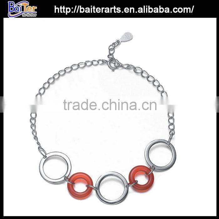925 Sterling Silver Red Agate Fancy Circle Link Bracelet