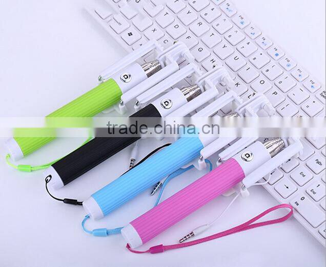 universal pink Mini Foldable wired selfie stick android aluminium monopod with cable