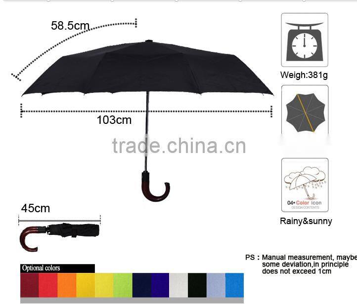 High quality Curve wooden handle pongee foldable umbrella,customized strong 3 fold auto open umbrellas for man