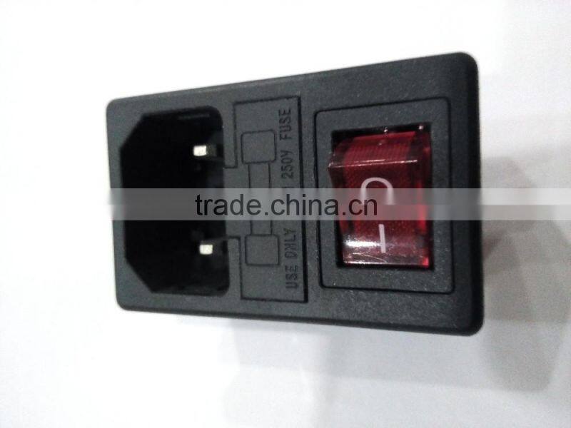 250V 15A male 3pin ac socket and 4 pin red light rocker switch