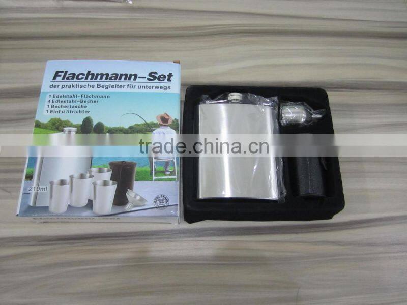 7oz hip flask set with 4pcs cup in leather bag and large funnel in gift paper box