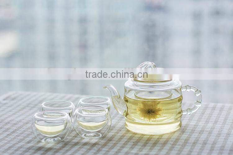 Bamboo shaped Heat- Resisting Borosilicate Glass Teapot with leaf lid+ 4 Double wall tea cups