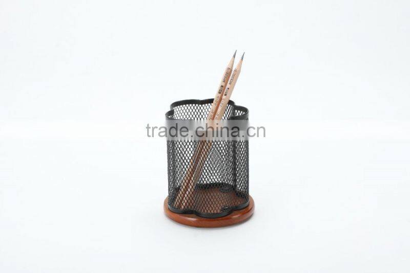 office supplier metal mesh wood base round pen and pencil pot