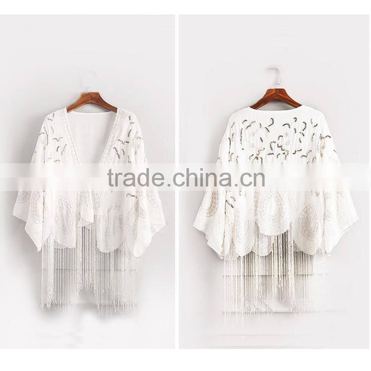 High Quality 2016 Summer Fashion Women Half Flare Sleeve Blouses Tassel Complicated Embroidery Beaded Sequin Long Cardigan
