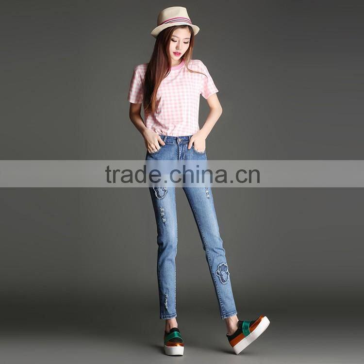 2016 Summer Fashion Women Ankle Length Pencil Pants High Waist Patch Destroyed Skinny Light Blue Jeans Woman