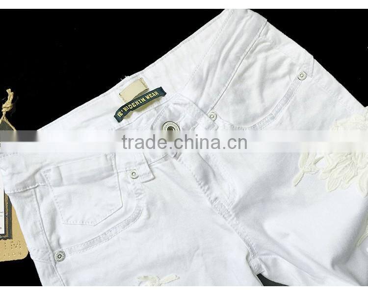2016 Summer Fashion Women Low Waist Pencil Denim Jean Pants Ladies White Lace Patchwork Fancy Narrow Bottom Skinny Female Jeans
