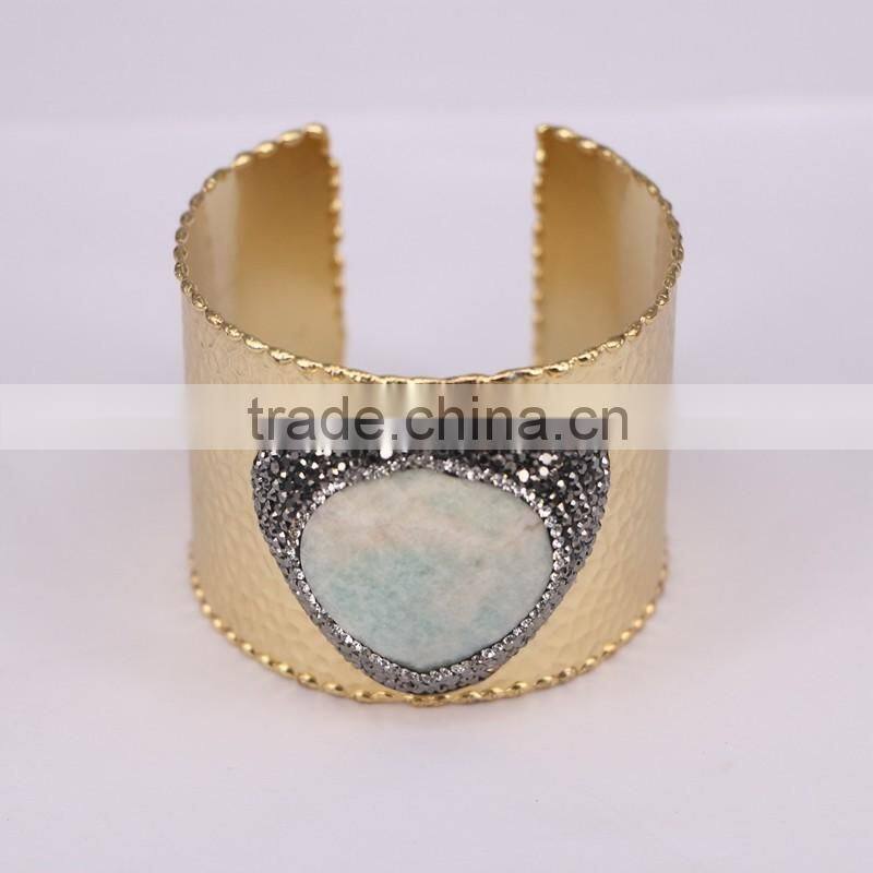 Charm Metal Brass Plated Gold Druzy Bangles, Natural Amazon Gem stone Bangles, with Pave Crystal Quartz Stone Bangles