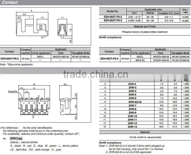 JST ZH series 2 pin 1.5mm pitch wire to board crimp style connector ZHR-2-K black housing